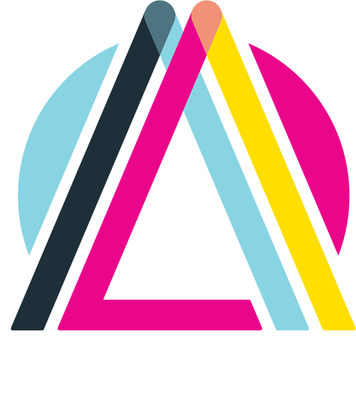Artsplosure Logo - White sans-serif type with cyan, magenta, yellow, and black letter A above