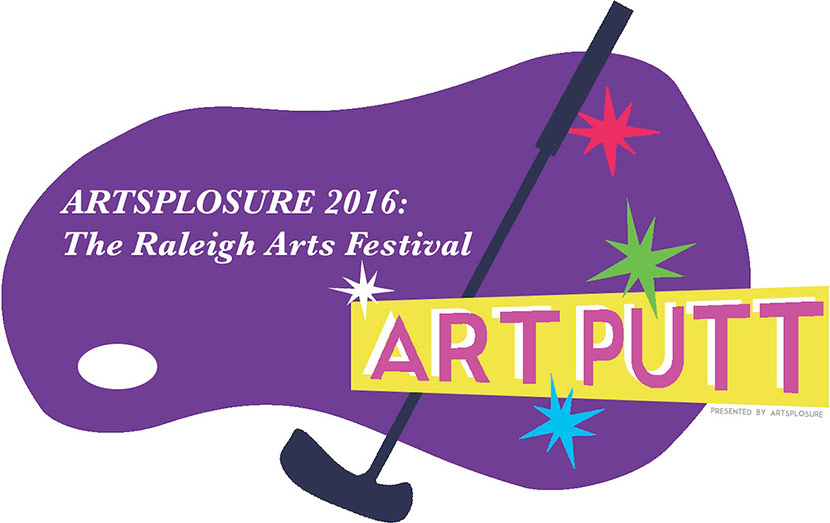 Art Putt 2016 - Purple golf course with multi-colored starbursts, golf club, and pink type