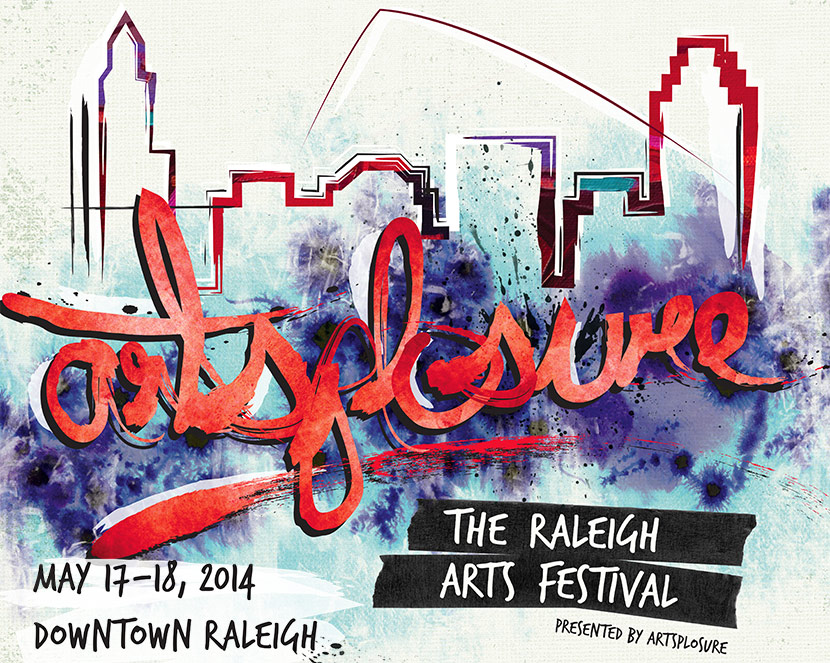 Artsplosure 2014 Logo - Watercolor of raleigh skyline and overlaying script type in red