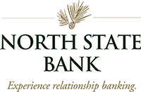 North State Bank Logo - Black Uppercase serif type with pine needles and pine cone above type.