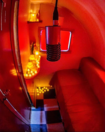 Radio studio with red decor
