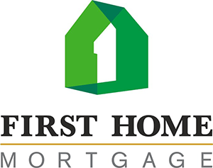 First Home Logo - Black serif type with green house icon above