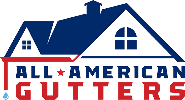 All American Gutters Logo - Icon of house with gutters over red and blue serif type