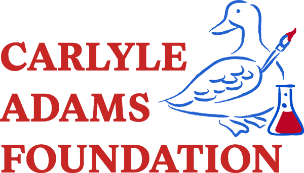 Carlyle Adams Foundation Logo - Red serif type with blue illustration of a duck holding a paint brush