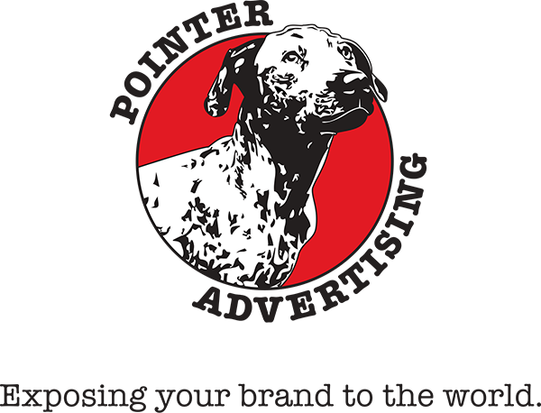 Pointer Advertising Logo - Black serif font around red circle with a dog in the center
