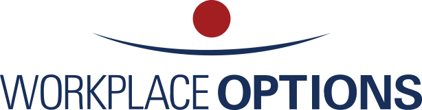 Workplace Options Logo - Navy blue sans-serif type with Red circle and blue curve above